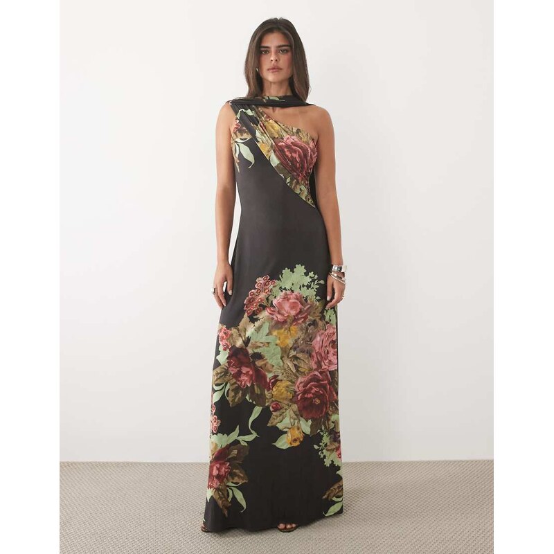 ASOS DESIGN printed floral slinky maxi column dress with scarf