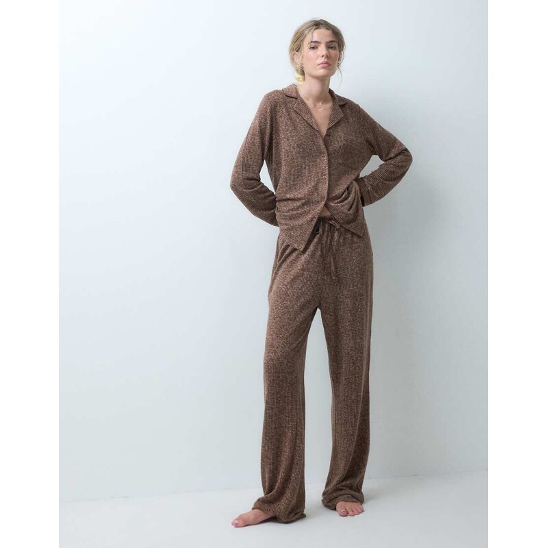 Loungeable super soft brushed rib revere top and wide leg pyjama