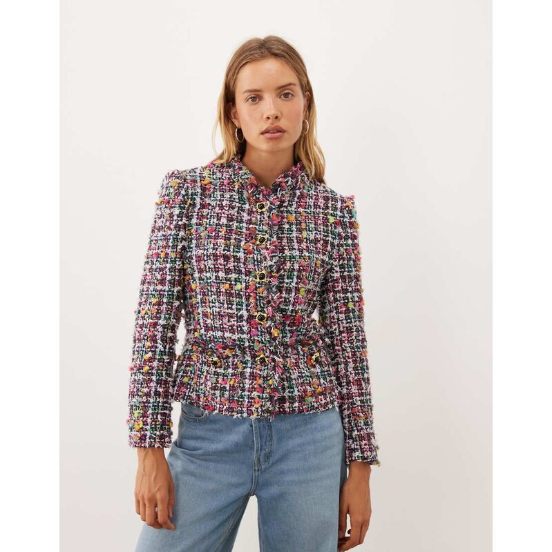 Sister Jane Ara tweed high collar jacket in multi-Red