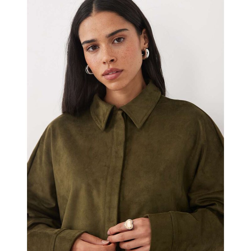 ASOS DESIGN co-ord faux suede long sleeve shirt in khaki-Green