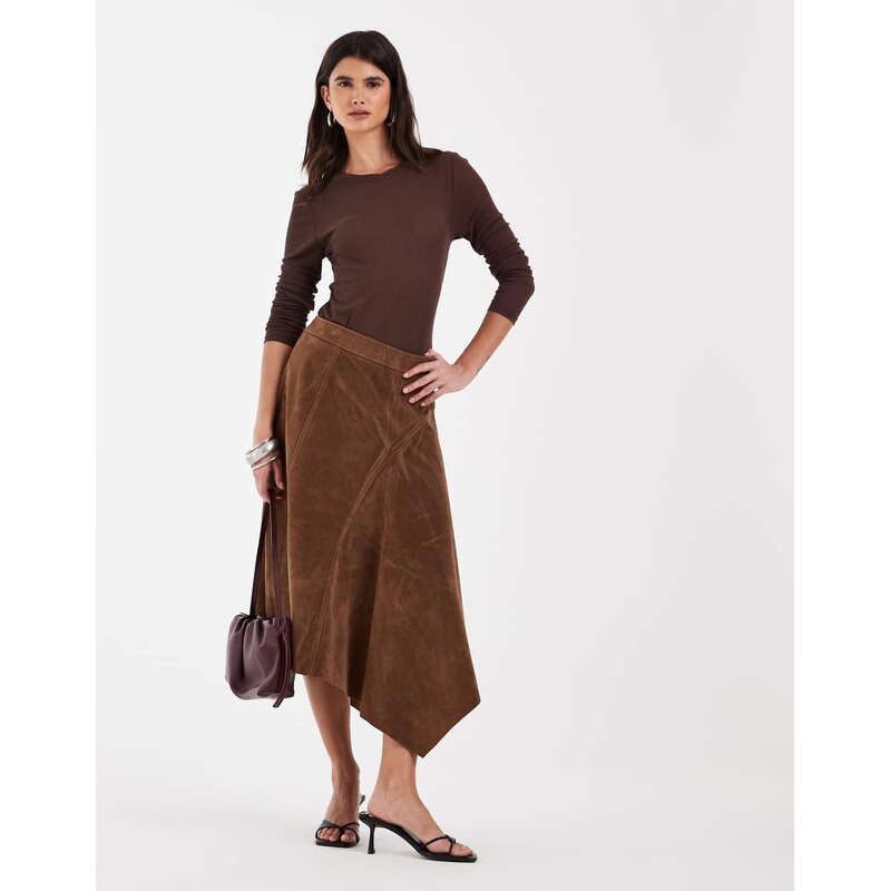 ONLY faux suede asymmetric midi skirt in brown
