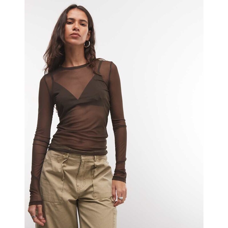 Noisy May mesh long sleeve top in brown