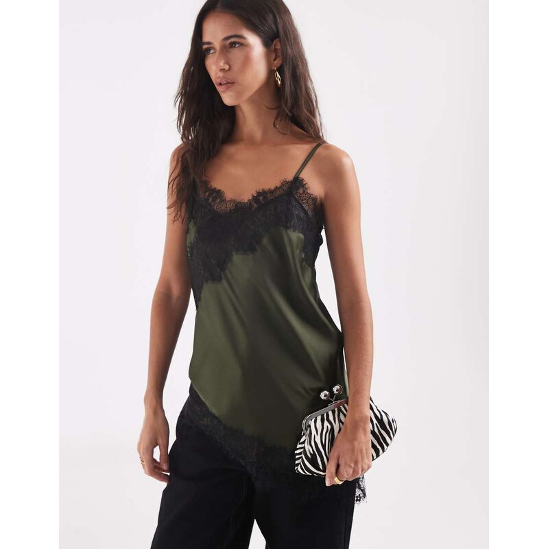 ONLY asymetric lace trim satin top in dark green