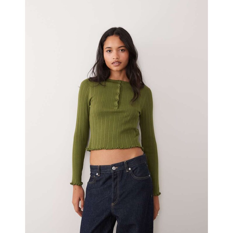 Miss Selfridge rib knit henley button top in olive-Green
