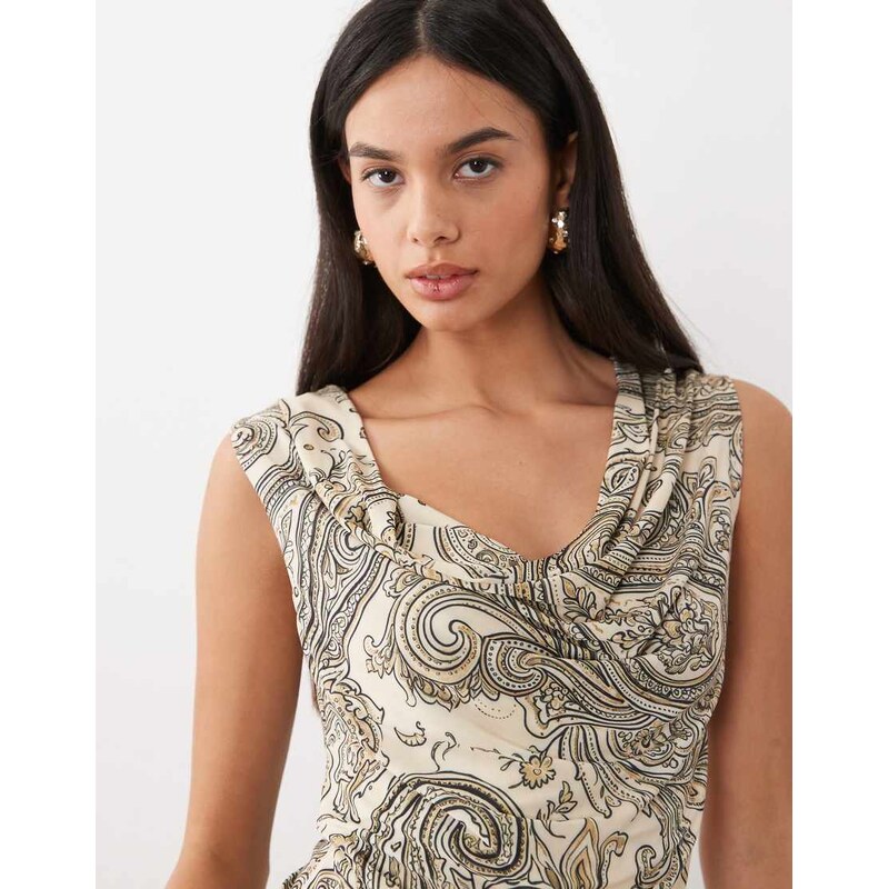 ASOS DESIGN cowl neck top in beige print-Multi