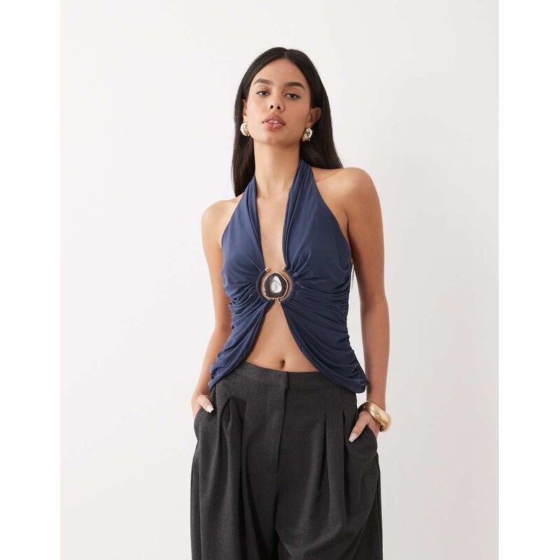 ASOS DESIGN sculpting plunge top with hardware detail in navy