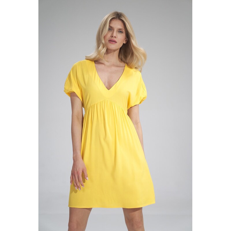 FIGL Žluté šaty s výstřihem do V M766 Yellow