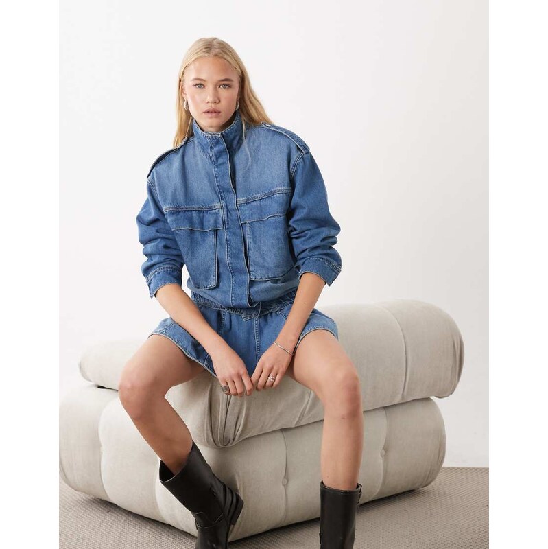 ASOS DESIGN funnel neck bubble hem jacket co-ord in mid blue