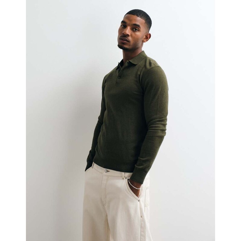 BLEND knitted long sleeve polo shirt in khaki-Green