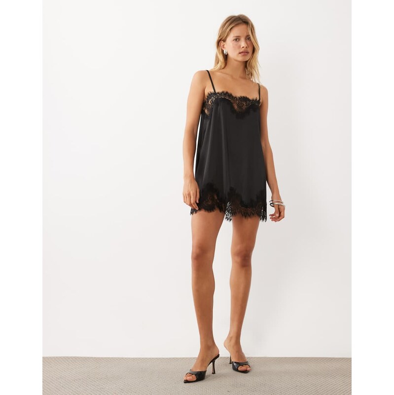 Kat The Label olivia satin lace slip dress in black