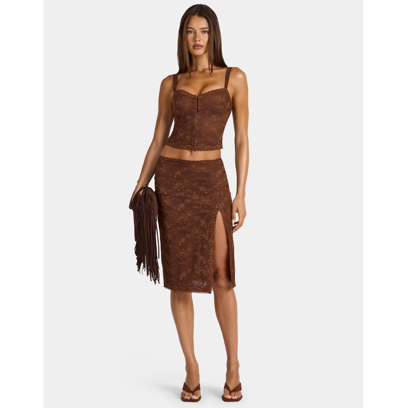 Oh Polly lace mid rise thigh split midi skirt co-ord in