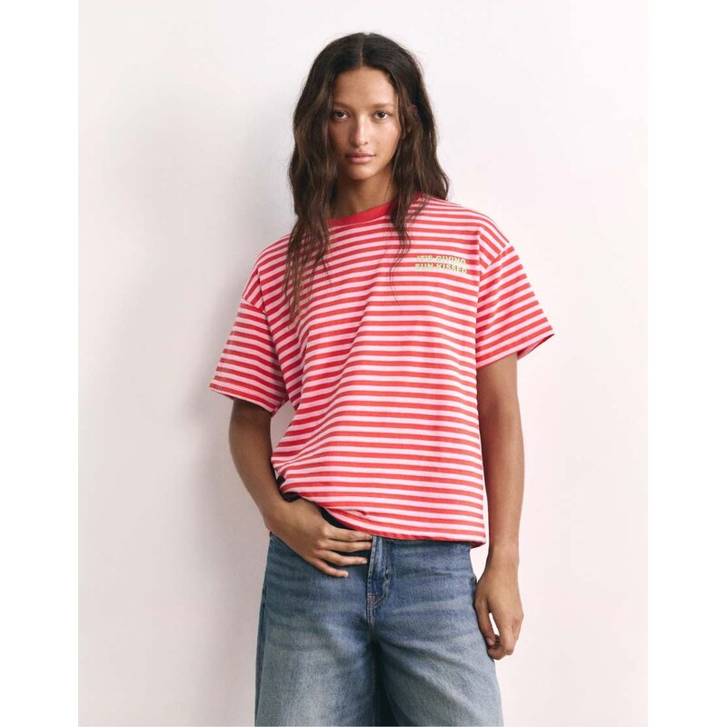 Pull&Bear Striped t-shirt with text in red