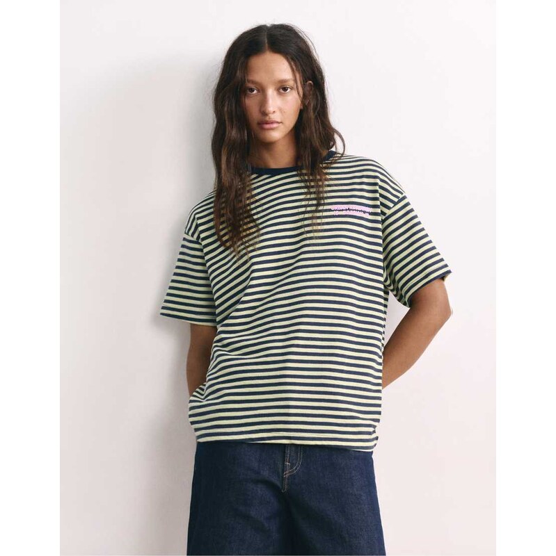 Pull&Bear Striped t-shirt with text in navy