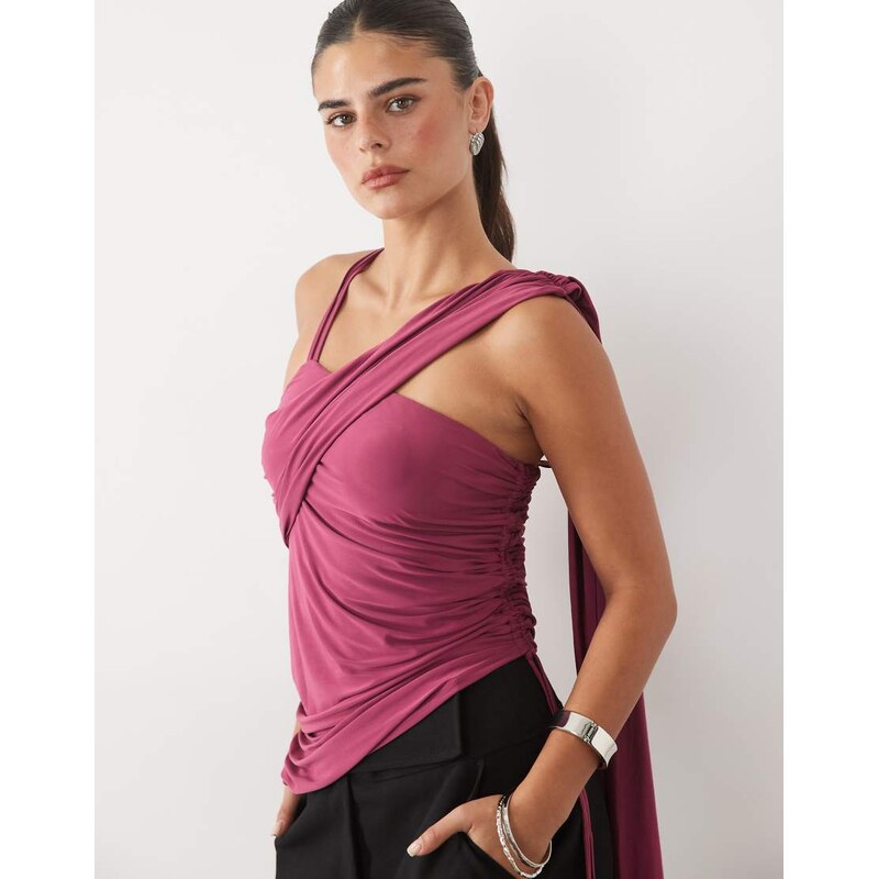 ASOS DESIGN slinky one shoulder asymmetrical top in raspberry