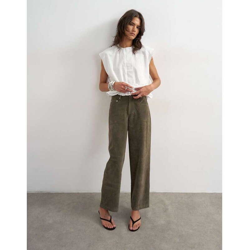 Topshop faux suede cinch trouser in khaki-Green
