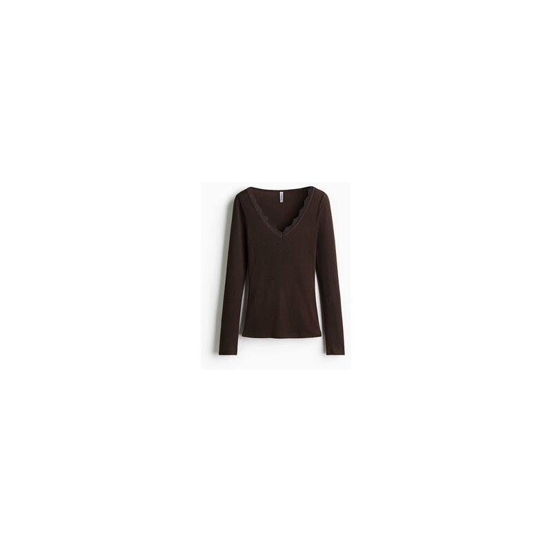 H&M - Tops krajkovým výstřihem do V - Tmavě Hnědá