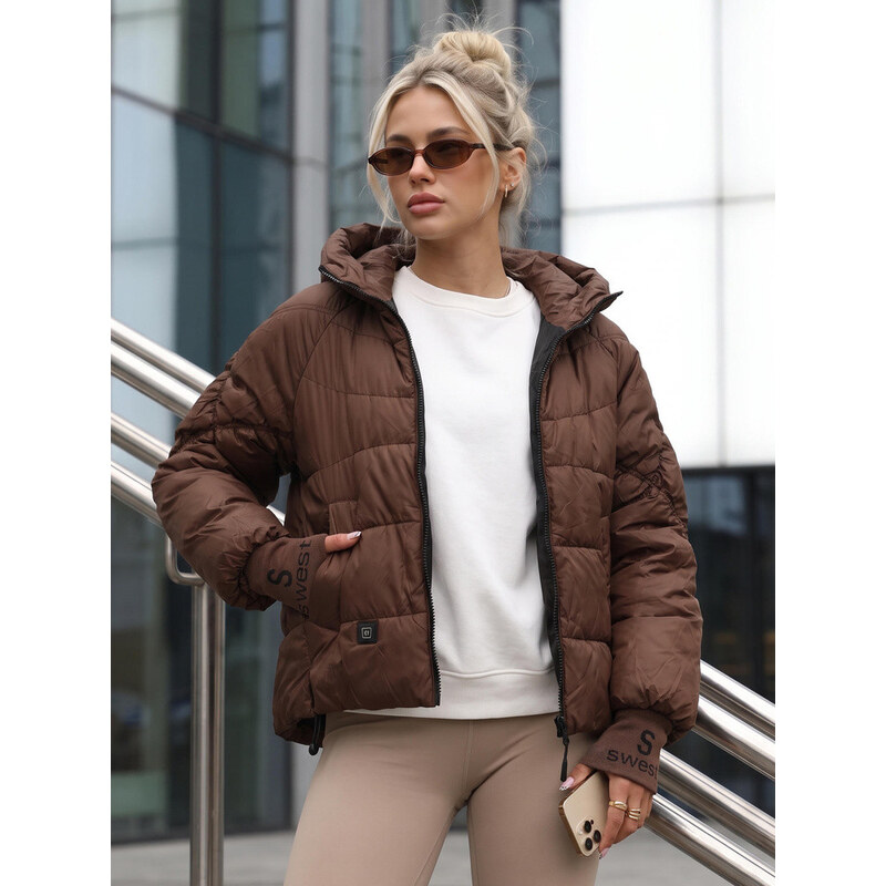 Dámská prošívaná bunda s kapucí, hnědá, FashionStreet TY5760