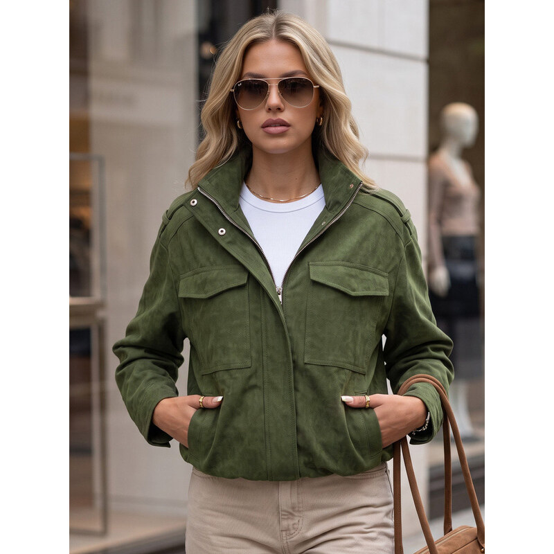 Dámská semišová bunda typu bomber, zelená, FashionStreet TY5959