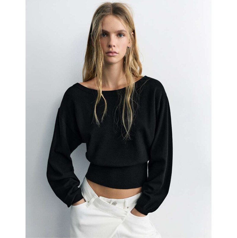 Pull&Bear Striped boat neck jumper in black