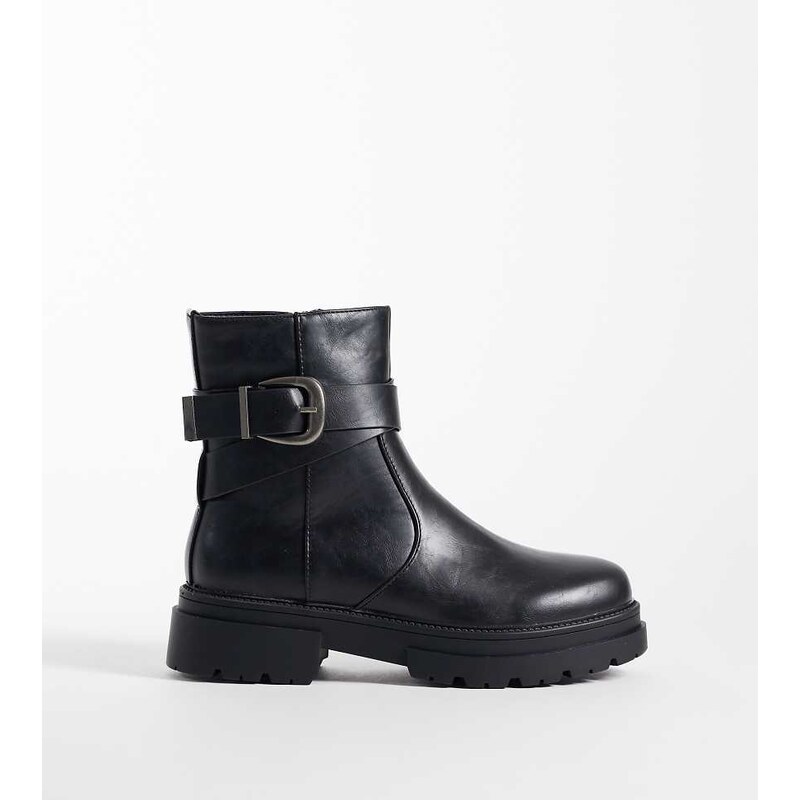 SEQWL Wide Fit Perth chunky buckle detail boots in black