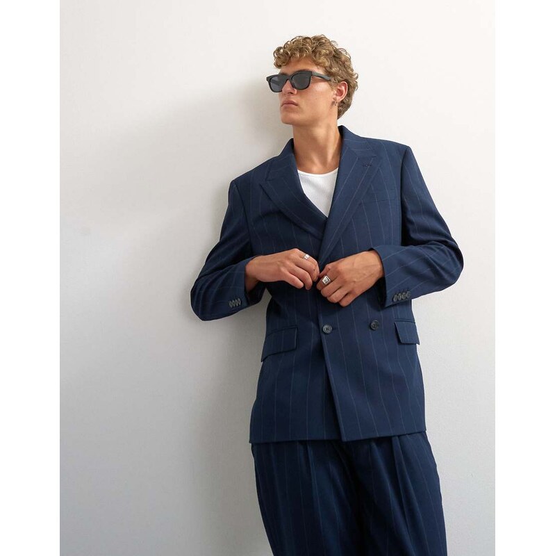 Topman relaxed fit pinstripe double breasted blazer in navy
