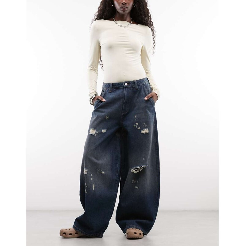 COLLUSION X006 XL balloon low rise jean in dark blue grunge wash