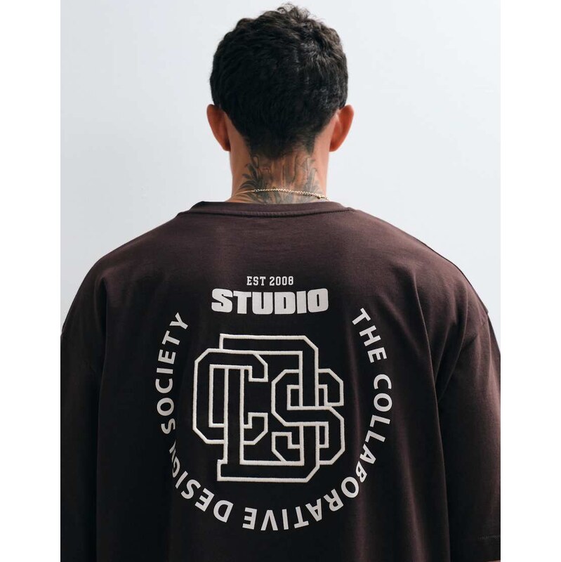 ASOS DESIGN boxy oversized t-shirt with text embroidery in brown