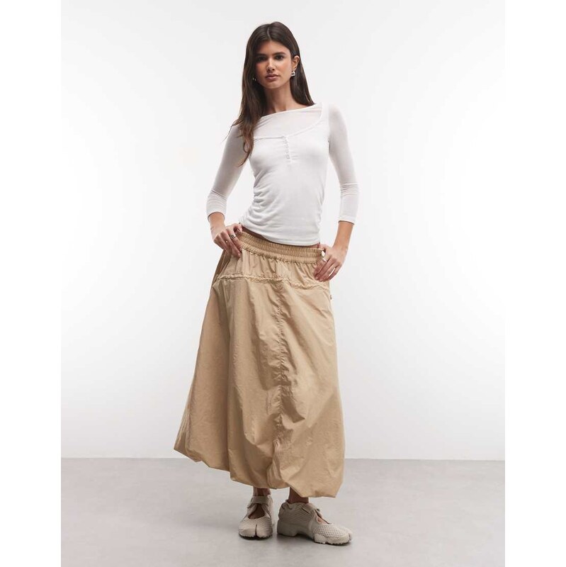 ASOS DESIGN parachute midi bubble skirt in techy nylon in beige