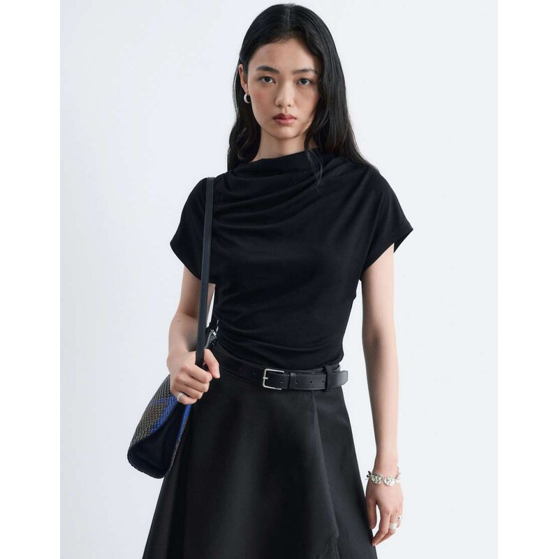 & Other Stories 100% cotton high neck draped ruched top in black