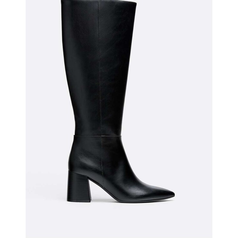 Stradivarius Black block heel high boots in black