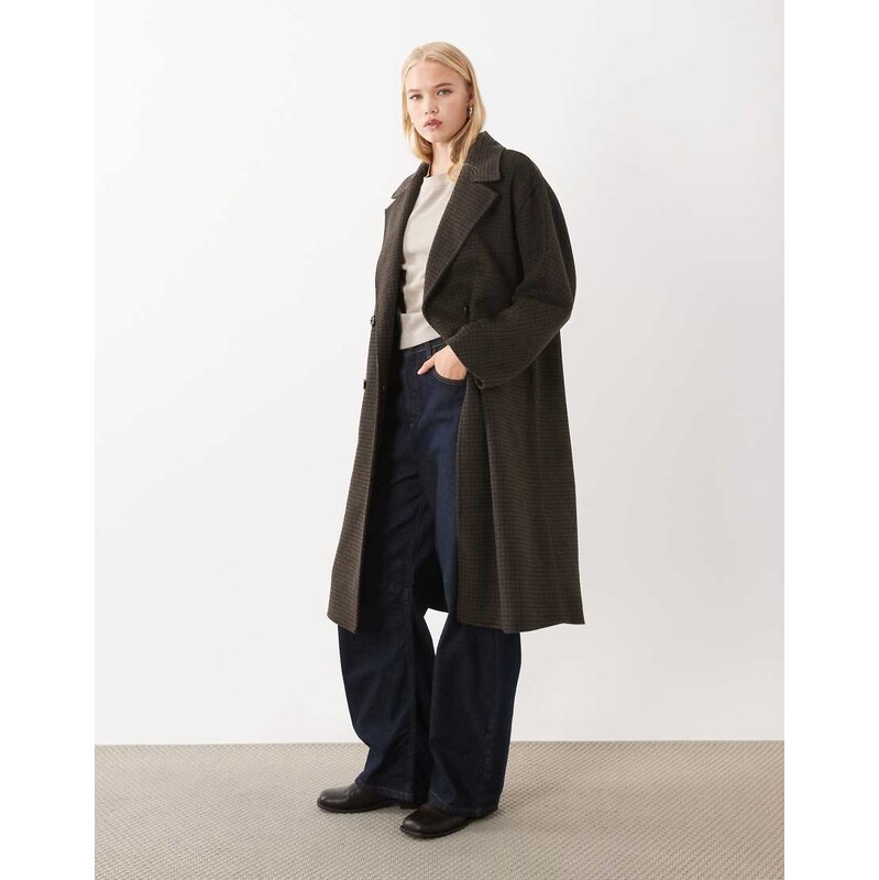 Mango wool mix double breasted midi coat in brown check