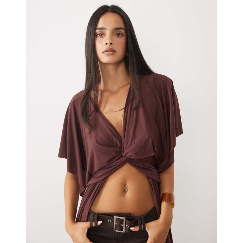 ASOS DESIGN slinky draped sleeve long twist top in chocolate
