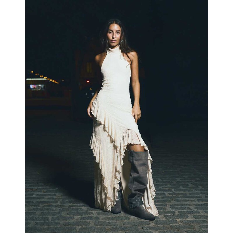 Bershka Lace halter midi dress in ecru-White
