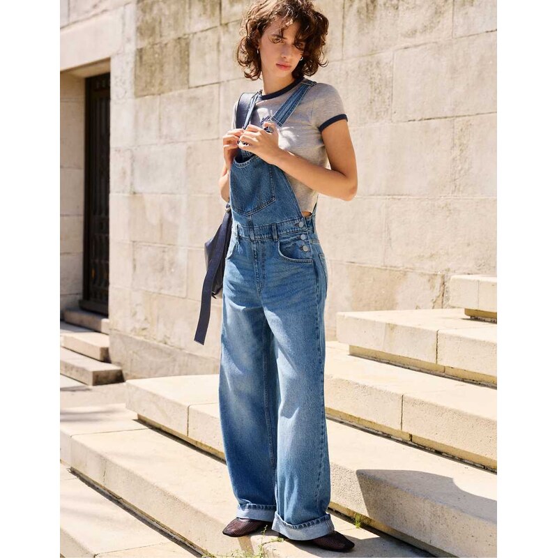 Pull&Bear Long denim dungarees in blue
