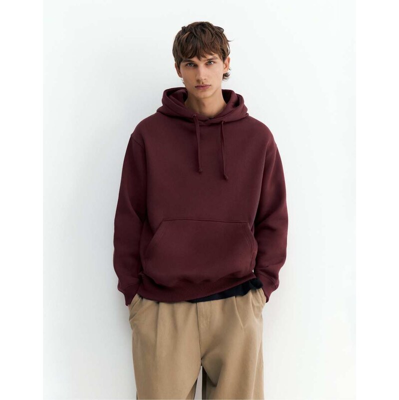 Pull&Bear Basic hooded sweatshirt in burgundy-Red