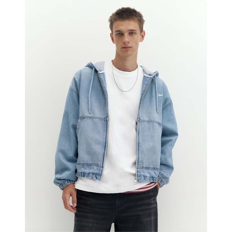 Pull&Bear Stwd zip-up hooded jacket in medium blue