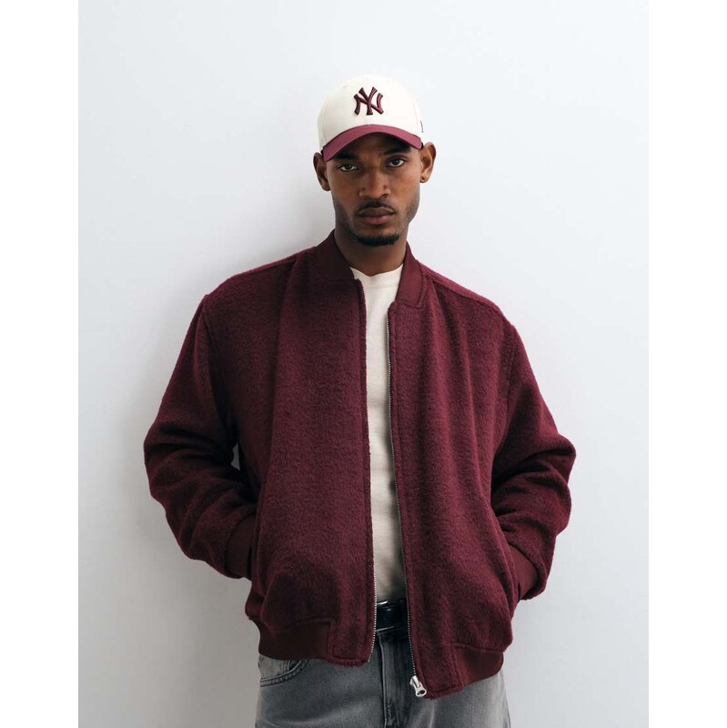 ASOS DESIGN oversized wool look bomber in burgundy-Red