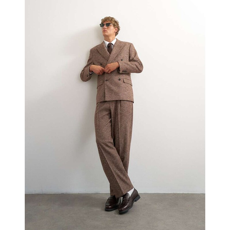 Topman wide leg textured trouser with pleats in brown