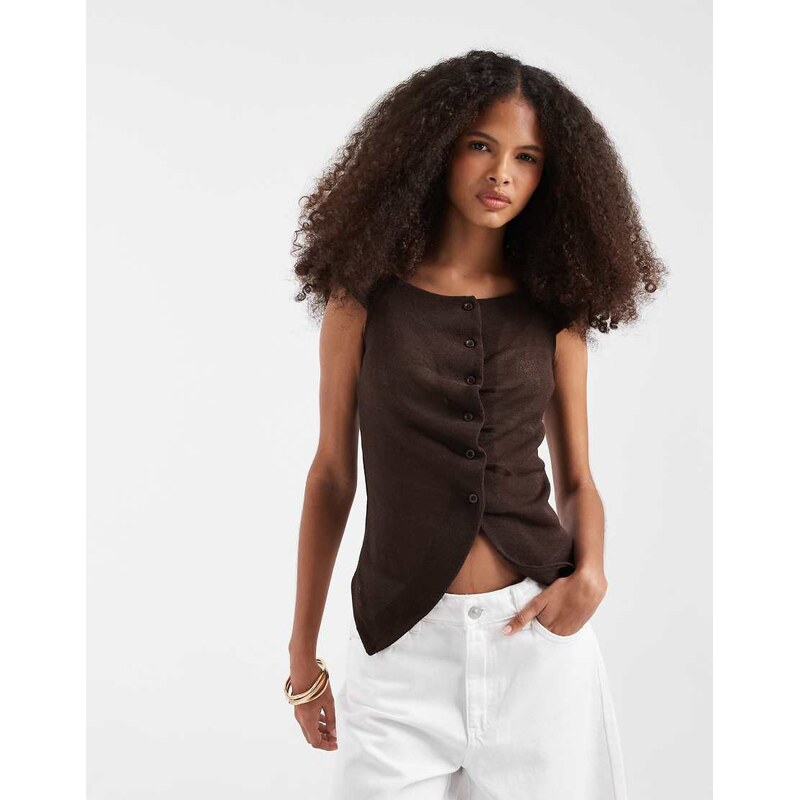 JJXX ruched knit button top in brown