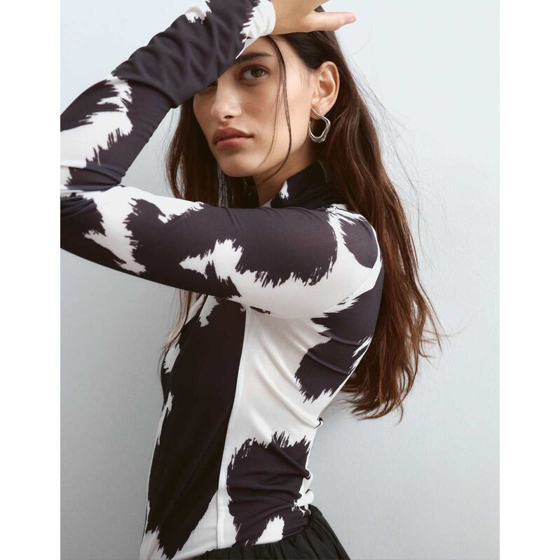 ARRANGE premium mesh printed long sleeve top in cow print-Multi