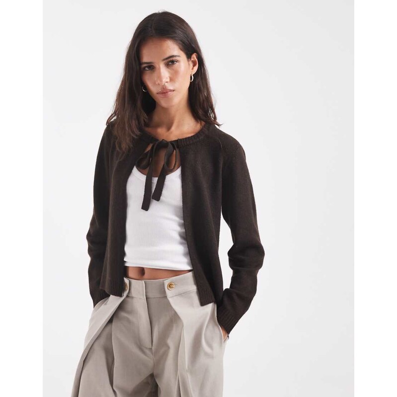 ONLY tie front knitted cardigan in chocolate brown