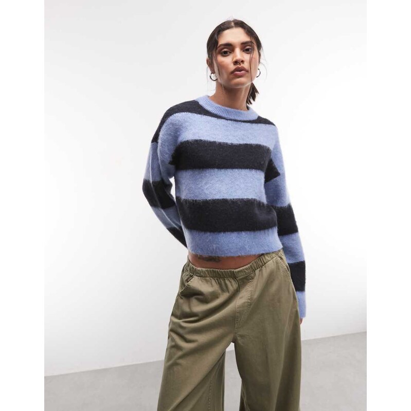 Noisy May boxy crew neck brushed knit jumper in blue stripe