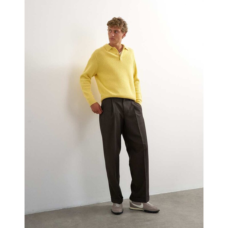 Topman wide leg micro check trouser with pleats in brown
