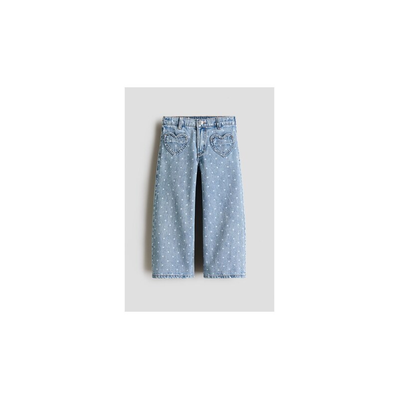 H&M - Loose Fit Wide Leg Jeans - Světlý Denim Blue/Puntíky