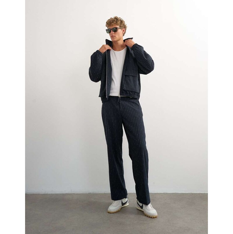 Topman wide leg trouser with boucle pinstripe in navy
