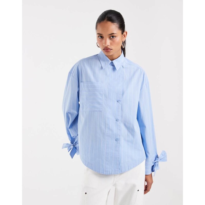 ASOS DESIGN tie cuff oversized shirt in blue stripe