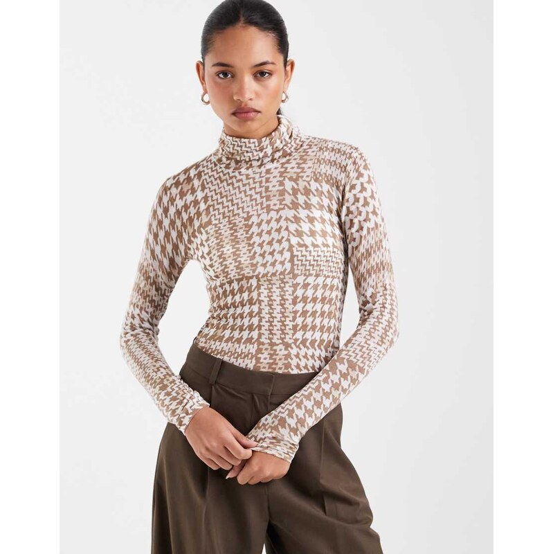 ASOS DESIGN second skin sheer knit roll neck in dog tooth-Multi