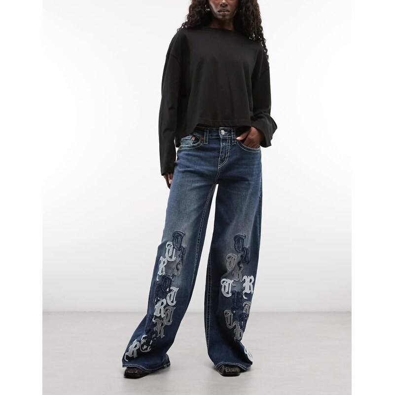 True Religion applique jessie super baggy jeans in dark wash