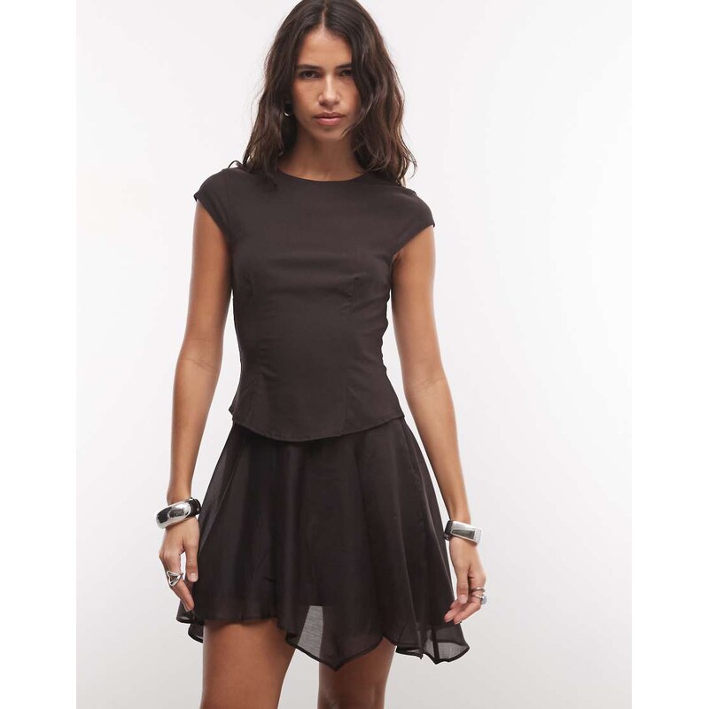 Monki cap sleeve structured chiffon mini dress in chocolate