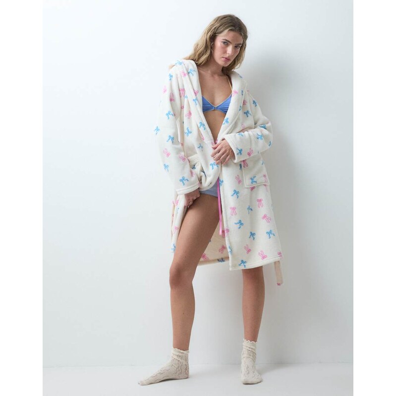 Urban Threads fleece hooded dressing gown in Cream with pastle